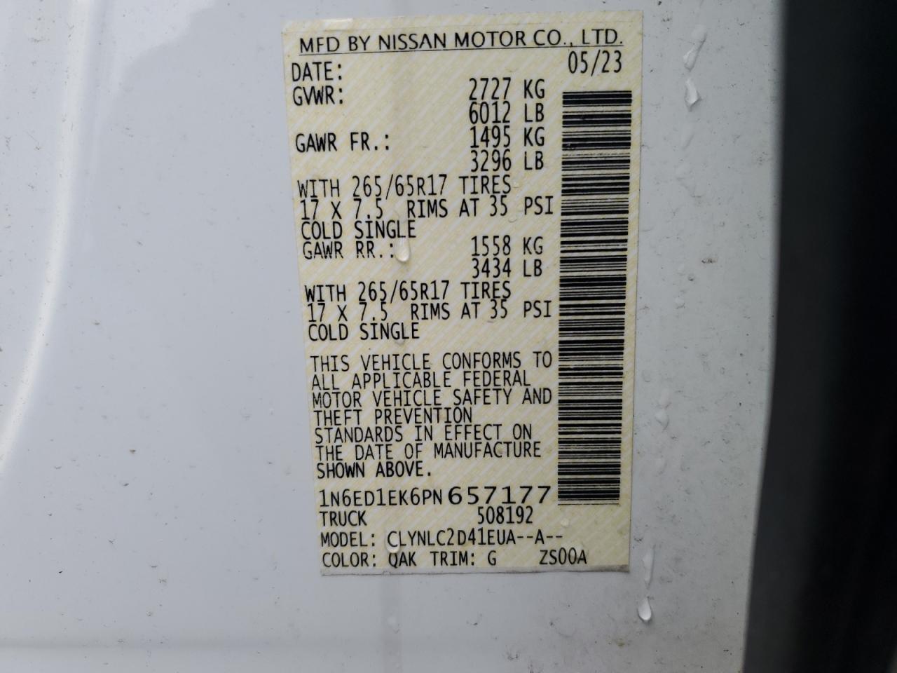 2023 NISSAN FRONTIER S VIN:1N6ED1EK6PN657177