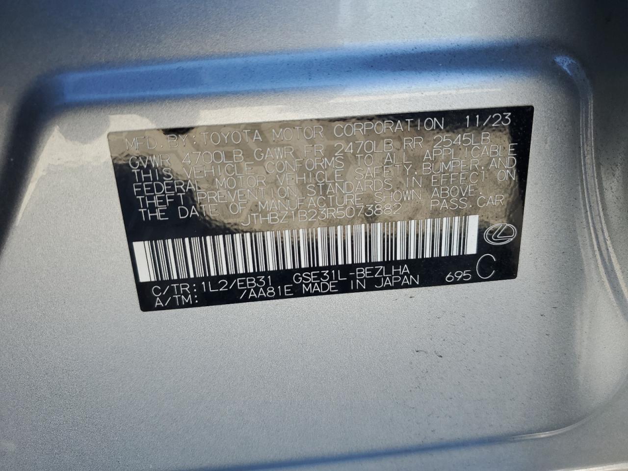 2024 LEXUS VIN:JTHBZ1B23R5073882
