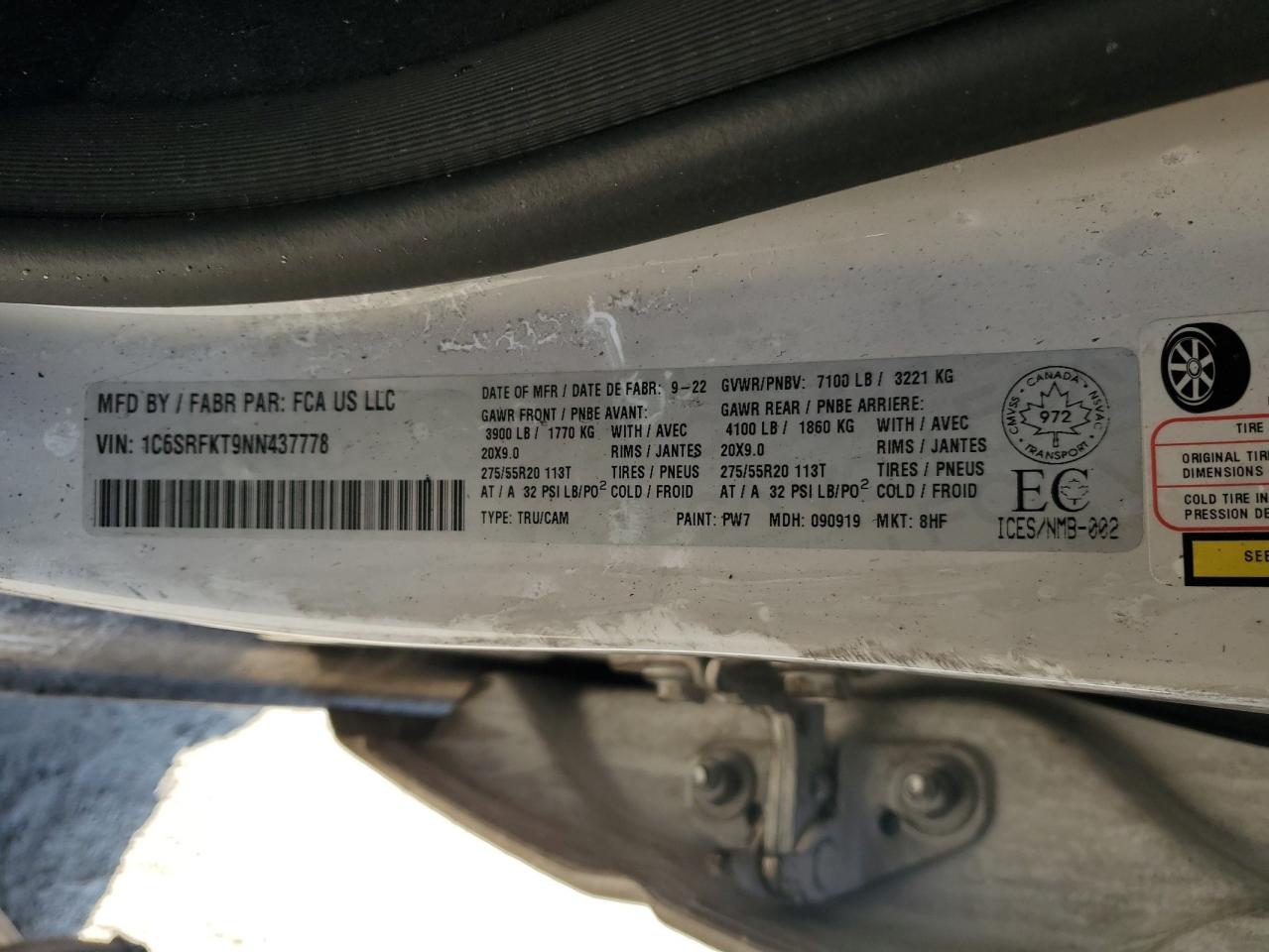 2022 RAM 1500 LONGHORN VIN:1C6SRFKT9NN437778