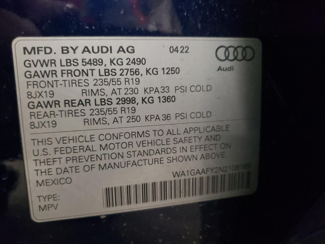 2022 AUDI Q5 PREMIUM 45 VIN:WA1GAAFY2N2108169