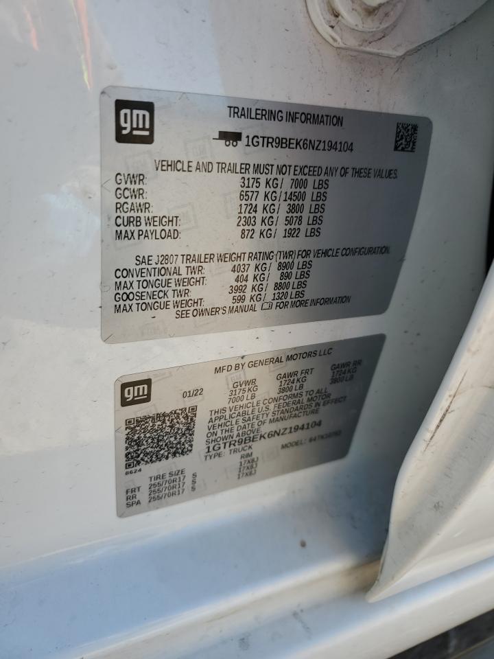 2022 GMC SIERRA LIMITED K1500 SLE VIN:1GTR9BEK6NZ194104