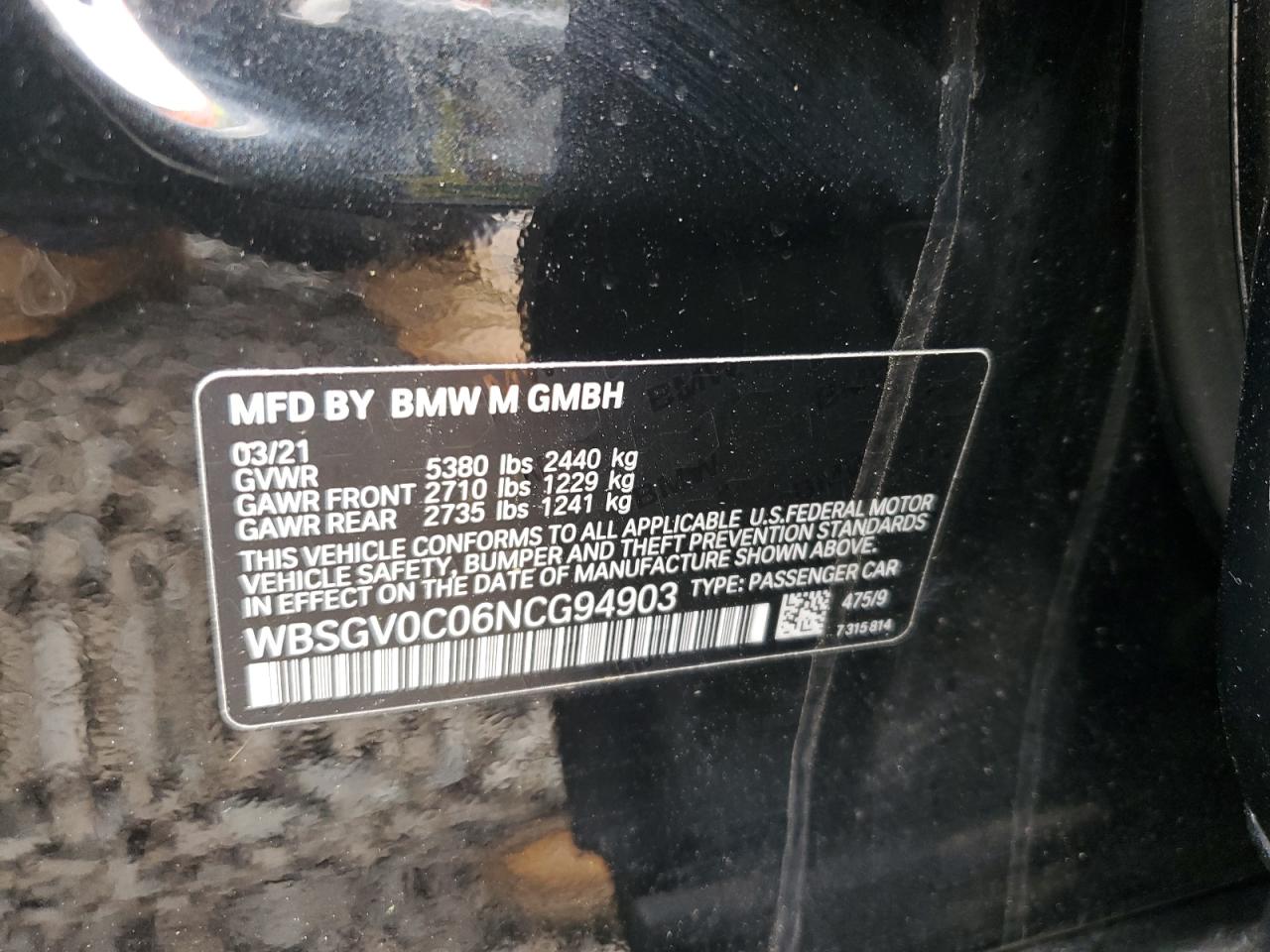 2022 BMW M8 VIN:WBSGV0C06NCG94903