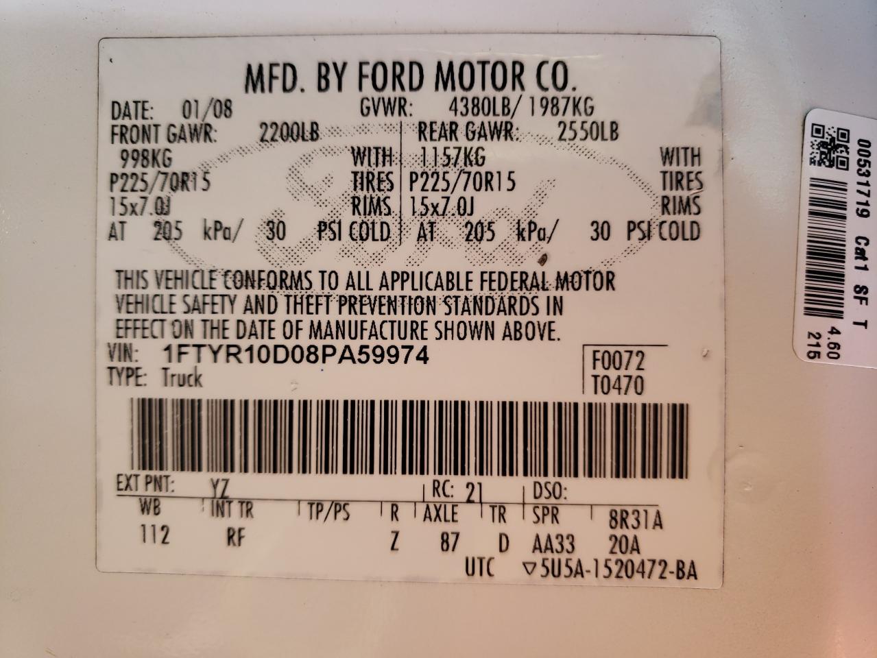 2022 FORD RANGER VIN:1FTYR10D08PA59974