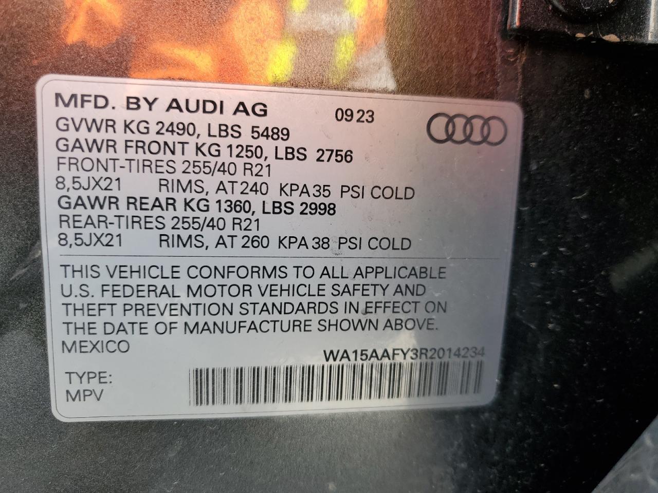 2024 AUDI Q5 SPORTBACK PRM PLS 45 VIN:WA15AAFY3R2014234