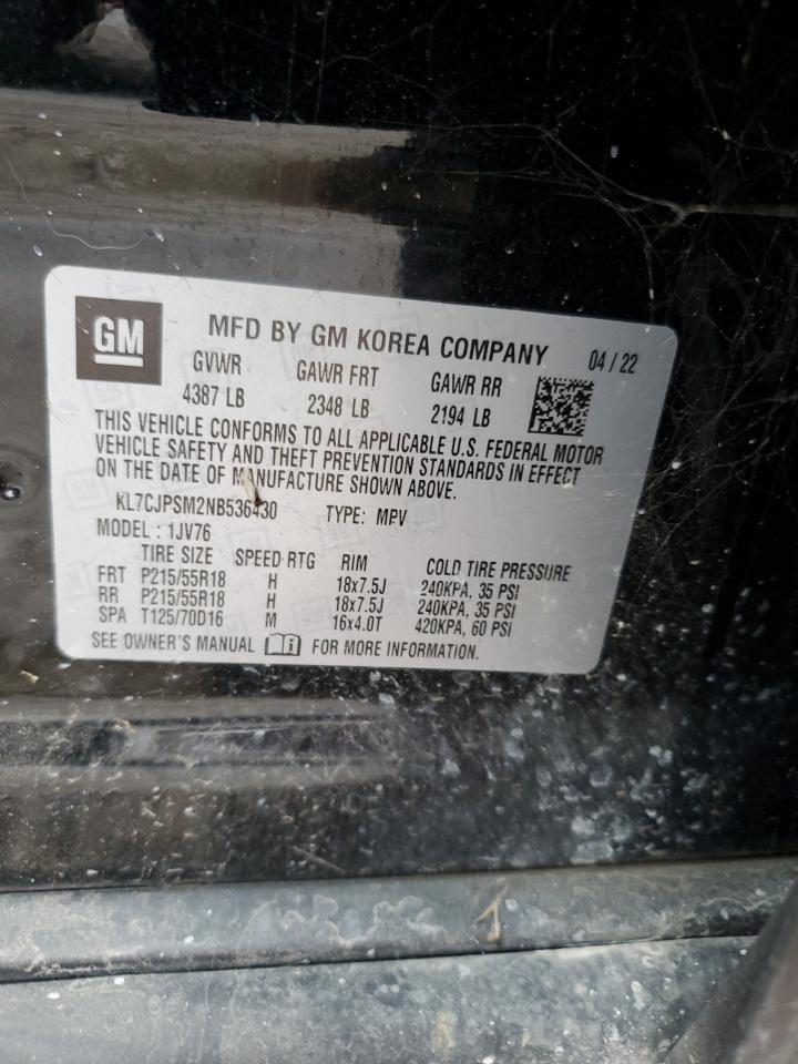 2022 CHEVROLET TRAX 1LT VIN:KL7CJPSM2NB536430