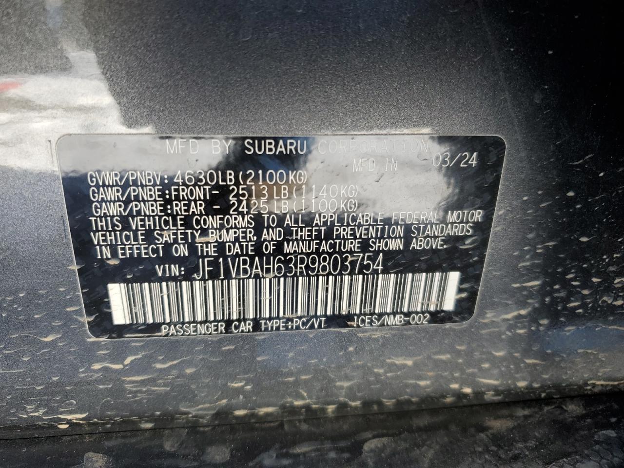 2024 SUBARU WRX PREMIUM VIN:JF1VBAH63R9803754