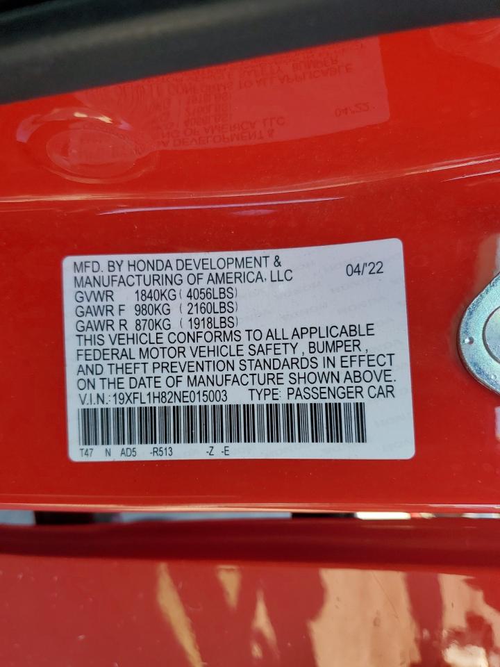 2022 HONDA CIVIC SPORT TOURING VIN:19XFL1H82NE015003