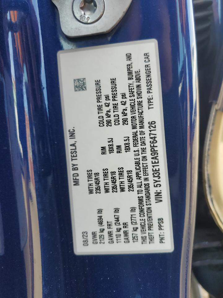 2023 TESLA MODEL 3 VIN:5YJ3E1EA9PF647126