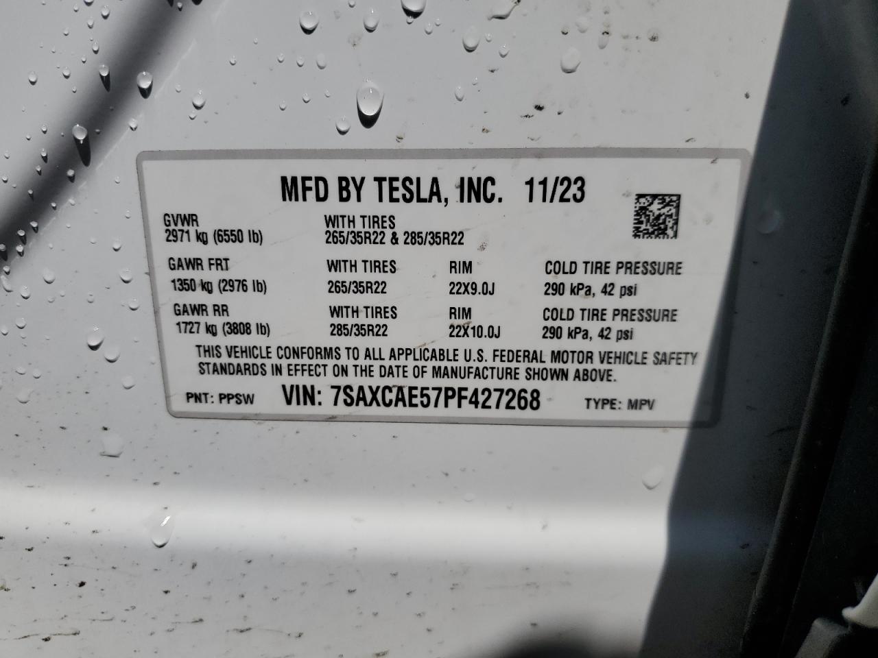 2023 TESLA MODEL X VIN:7SAXCAE57PF427268