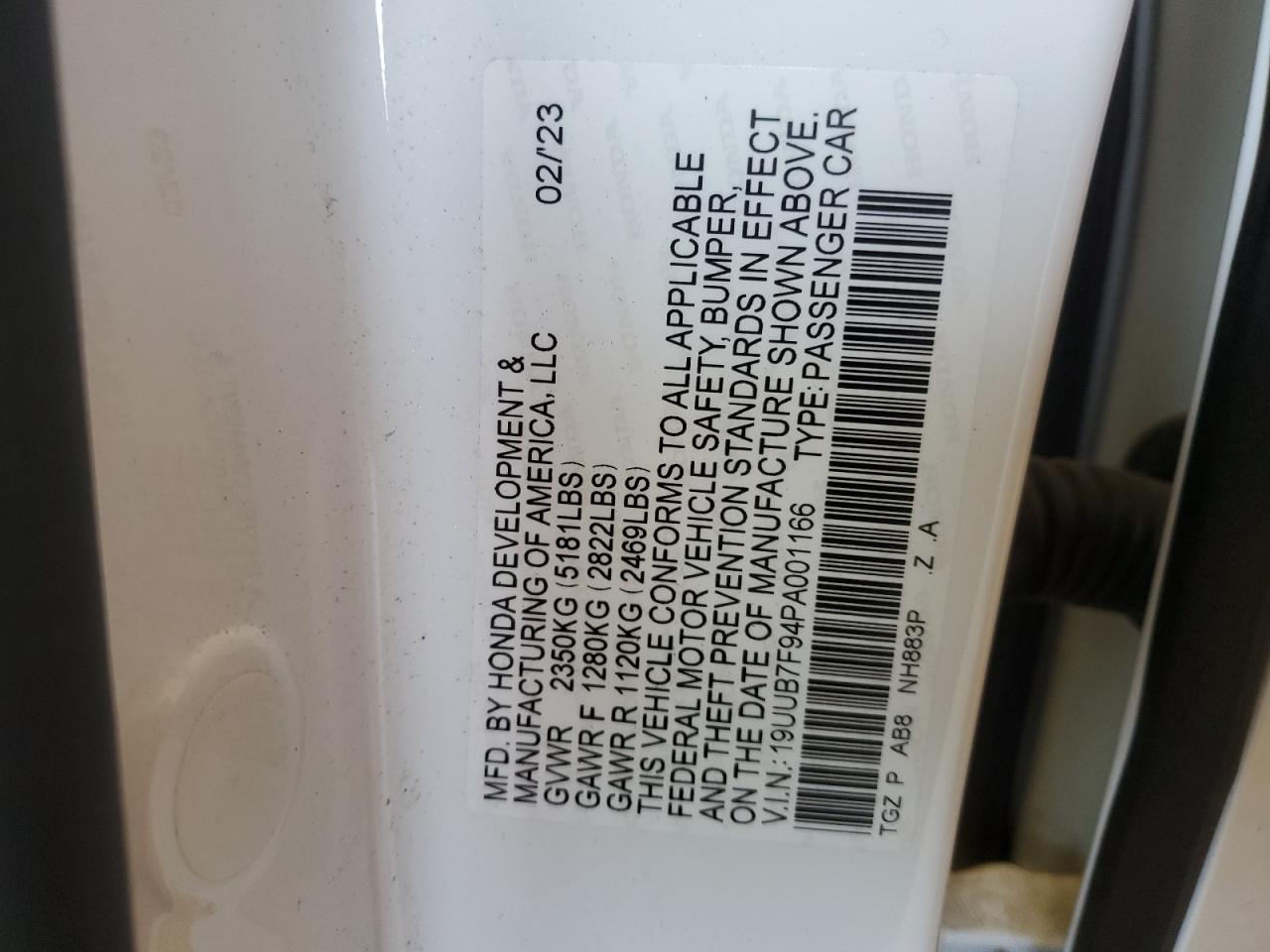 2023 ACURA TLX TYPE S VIN:19UUB7F94PA001166