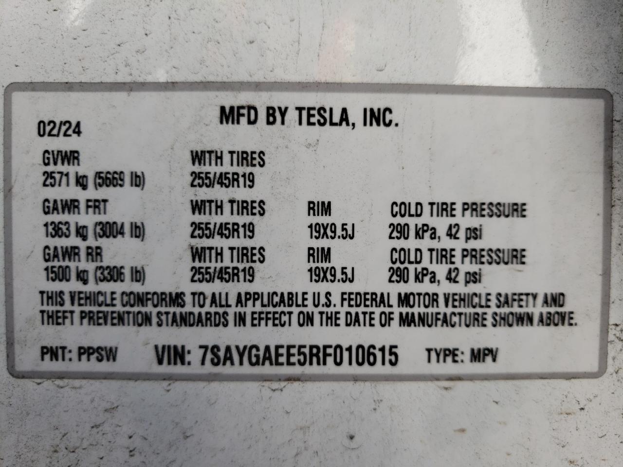2024 TESLA MODEL Y VIN:7SAYGAEE5RF010615