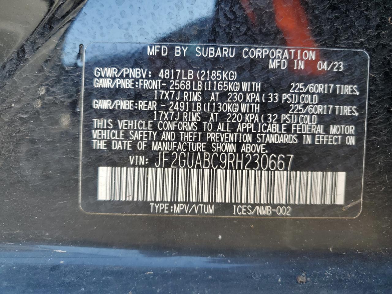 2024 SUBARU CROSSTREK VIN:WP0AA2A8XNS255297