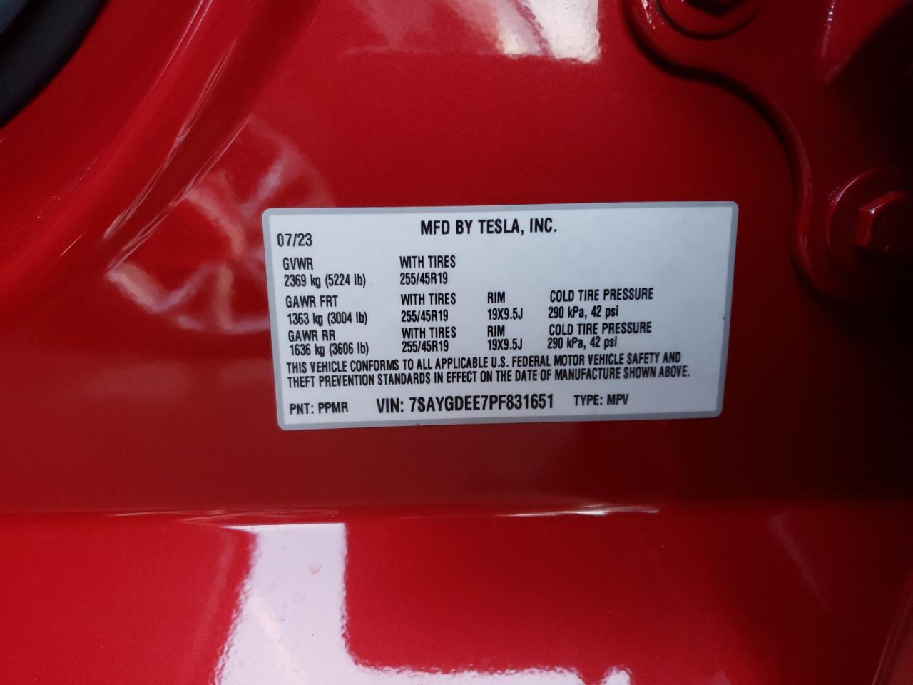 2023 TESLA MODEL Y VIN:7SAYGDEE7PF831651
