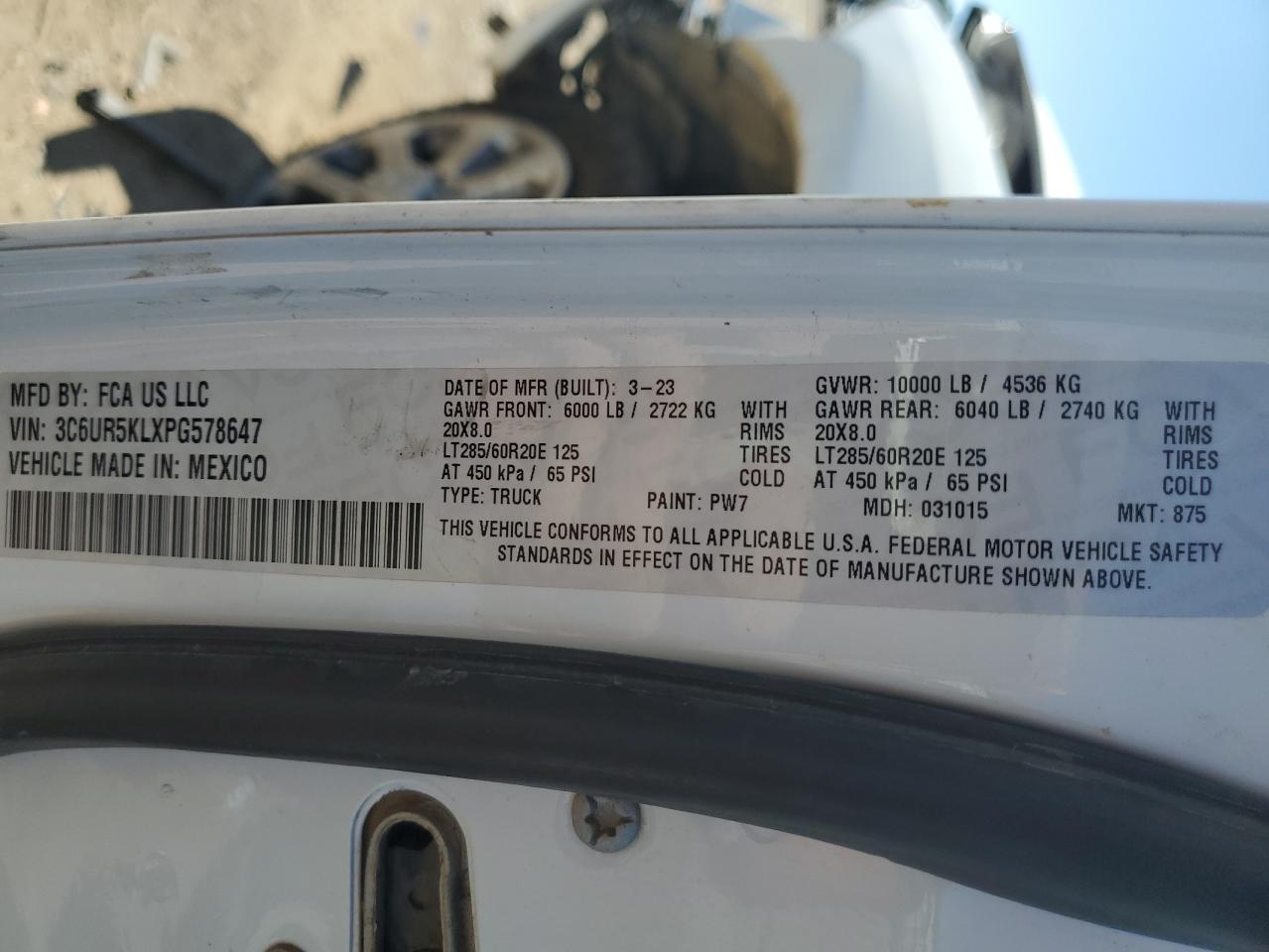 2023 RAM 2500 LARAMIE VIN:3C6UR5KLXPG578647