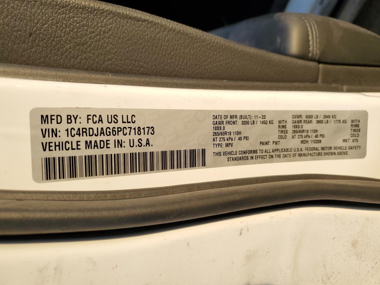 2023 DODGE DURANGO SXT VIN:1C4RDJAG6PC718173