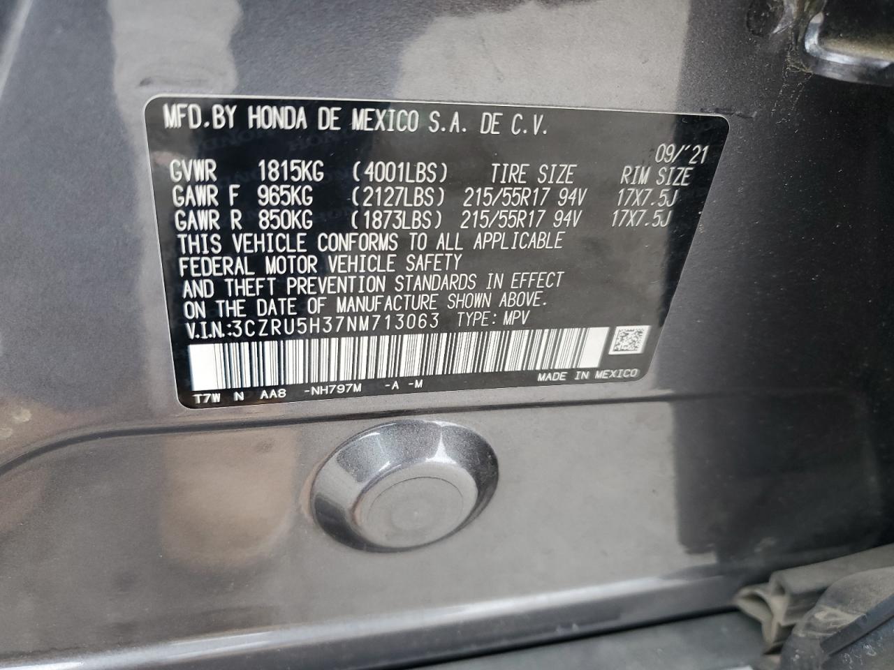 2022 HONDA HR-V LX VIN:3CZRU5H37NM713063