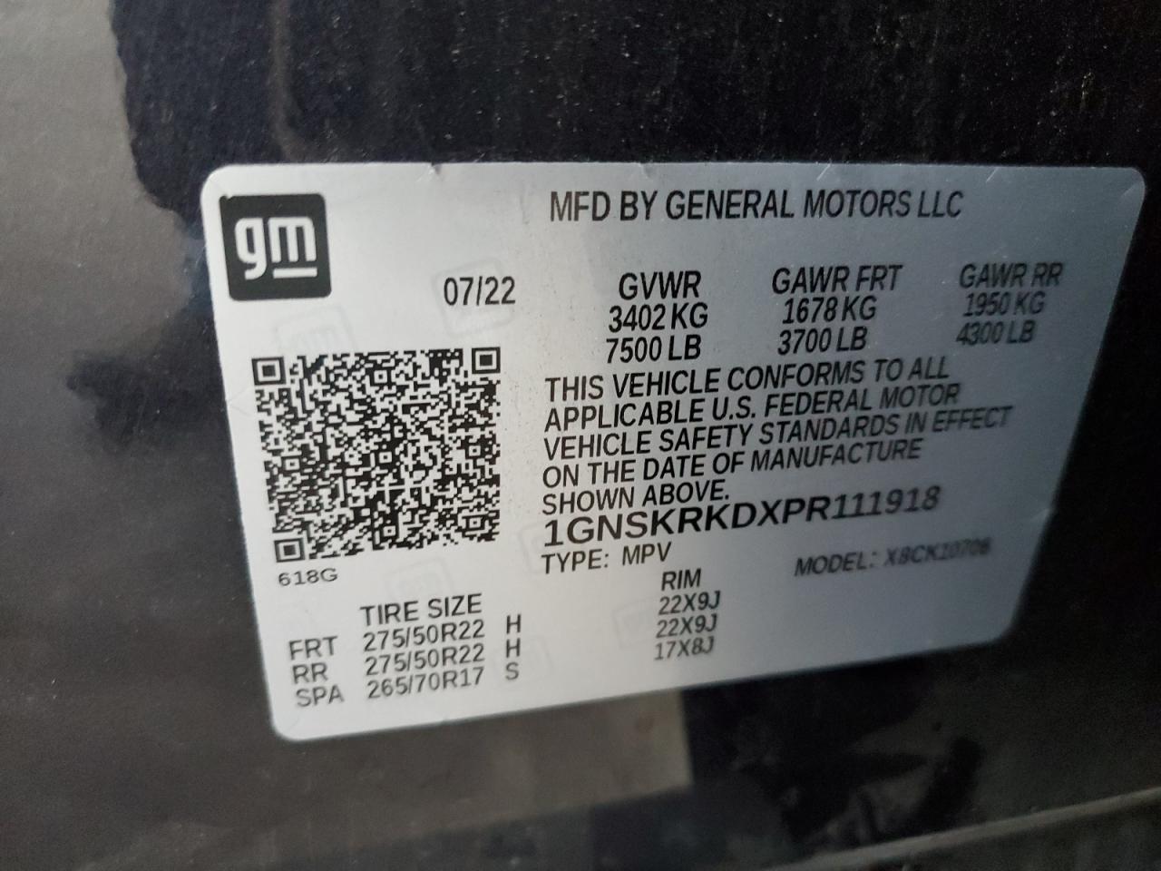 2023 CHEVROLET TAHOE K1500 RST VIN:1GNSKRKDXPR111918