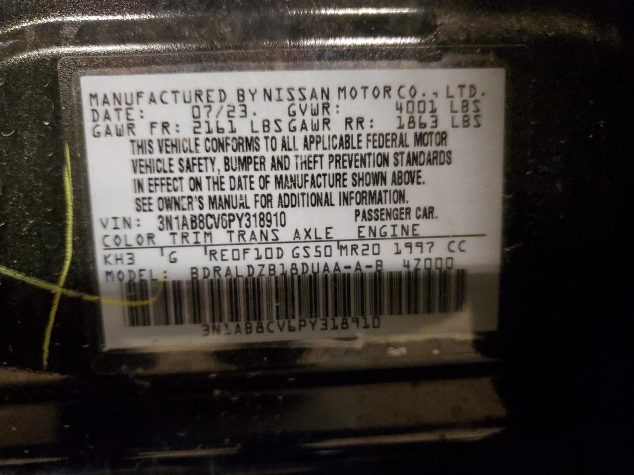 2023 NISSAN SENTRA SV VIN:3N1AB8CV6PY318910