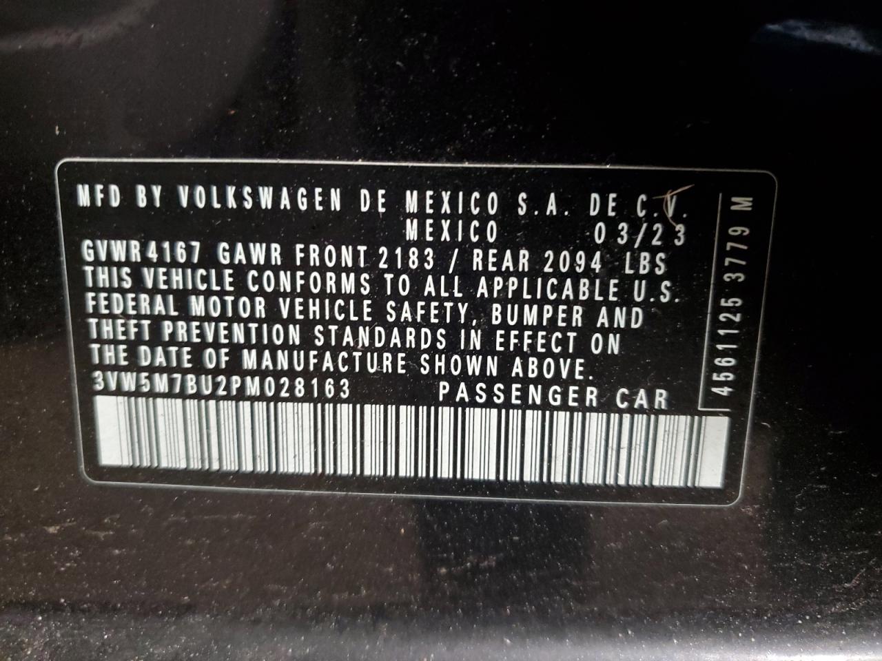 2023 VOLKSWAGEN JETTA S VIN:3VW5M7BU2PM028163