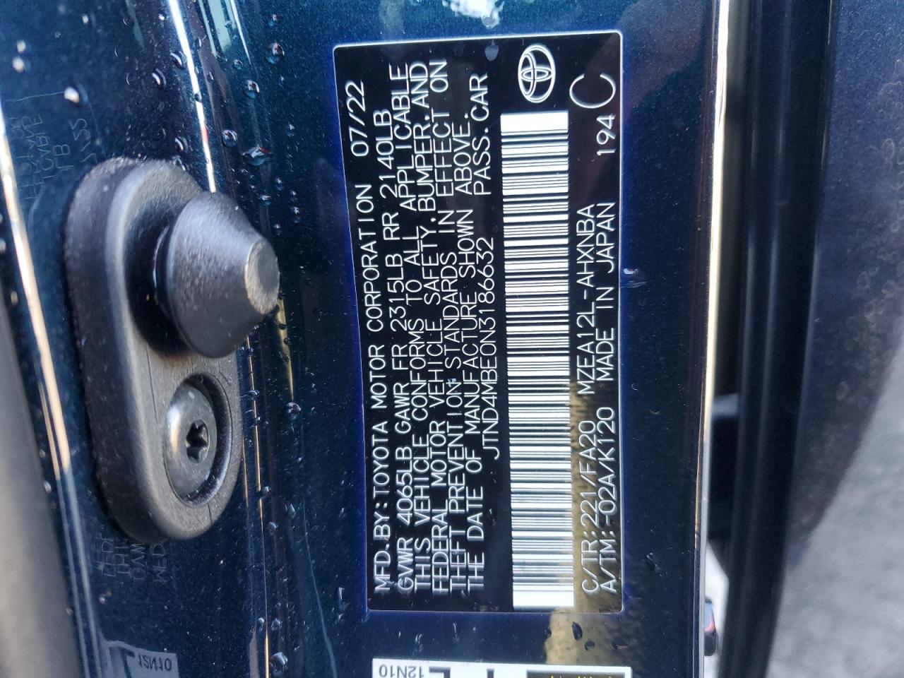 2022 TOYOTA COROLLA SE VIN:JTND4MBE0N3186632