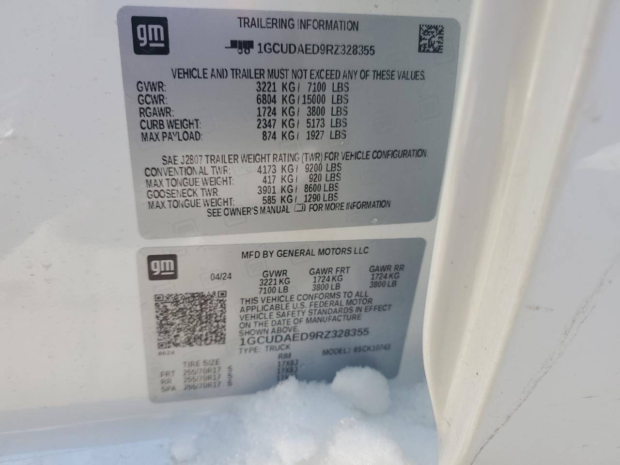 2024 CHEVROLET SILVERADO K1500 VIN:1GCUDAED9RZ328355