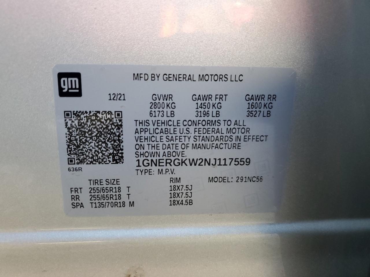 2022 CHEVROLET TRAVERSE LT VIN:1GNERGKW2NJ117559