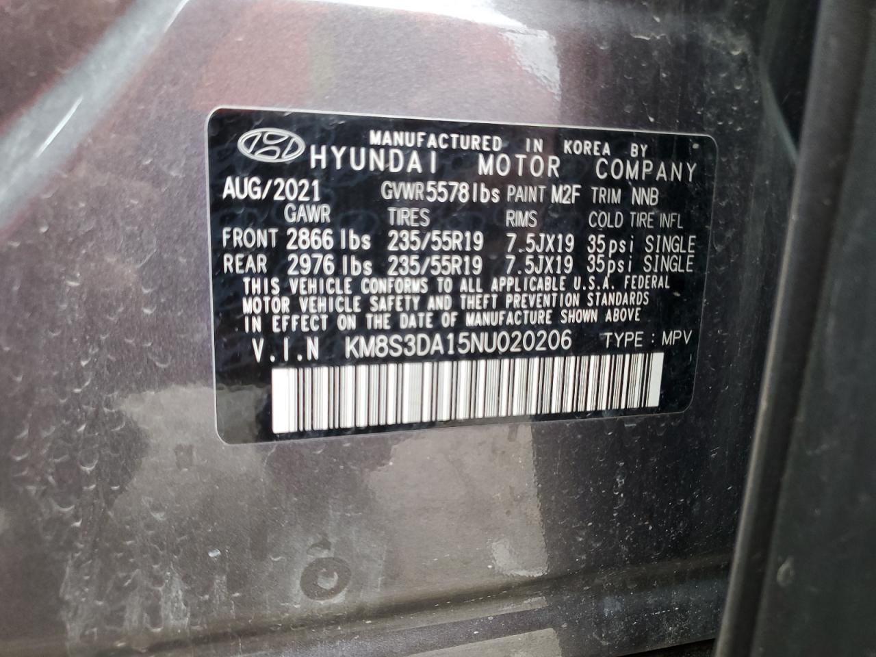 2022 HYUNDAI SANTA FE SEL PREMIUM VIN:KM8S3DA15NU020206