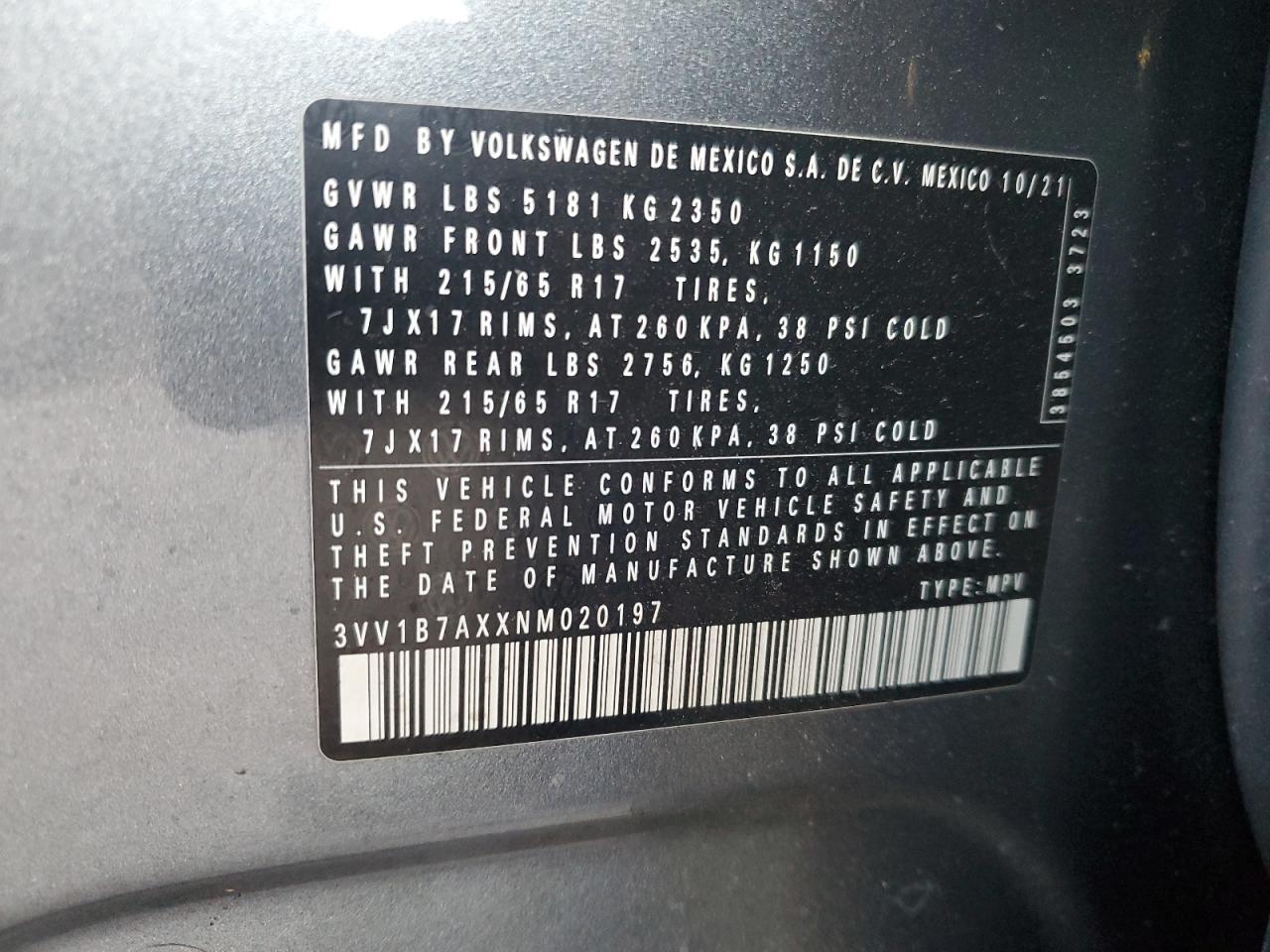 2022 VOLKSWAGEN TIGUAN S VIN:3VV1B7AXXNM020197