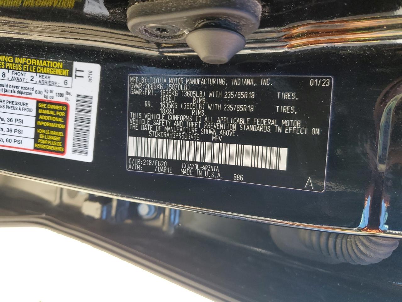 2023 TOYOTA HIGHLANDER L VIN:5TDKDRAH3PS503499