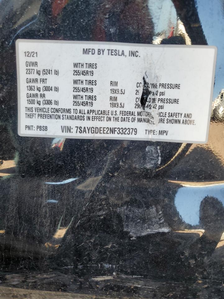 2022 TESLA MODEL Y VIN:7SAYGDEE2NF332379