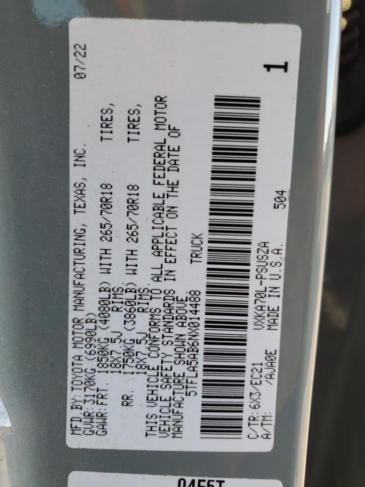 2022 TOYOTA TUNDRA CREWMAX SR VIN:5TFLA5AB6NX014488
