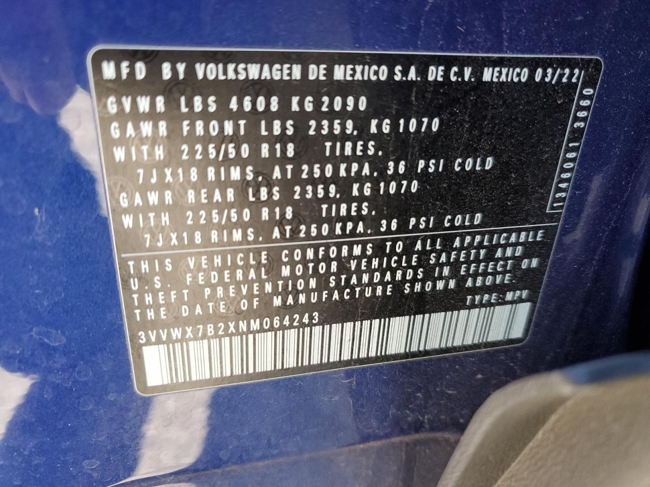 2022 VOLKSWAGEN TAOS SE VIN:3VVWX7B2XNM064243