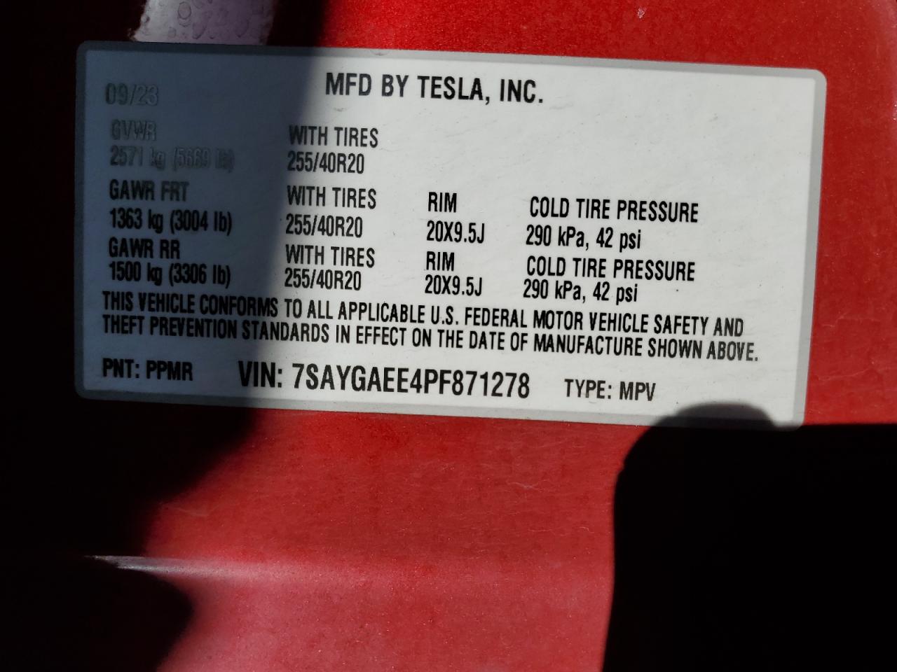 2023 TESLA MODEL Y VIN:7SAYGAEE4PF871278