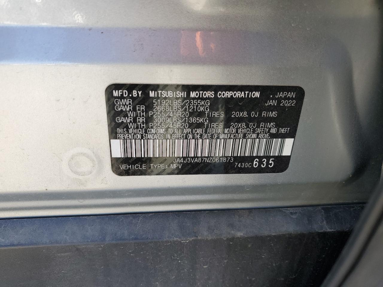 2022 MITSUBISHI OUTLANDER SEL VIN:JA4J3VA87NZ061873