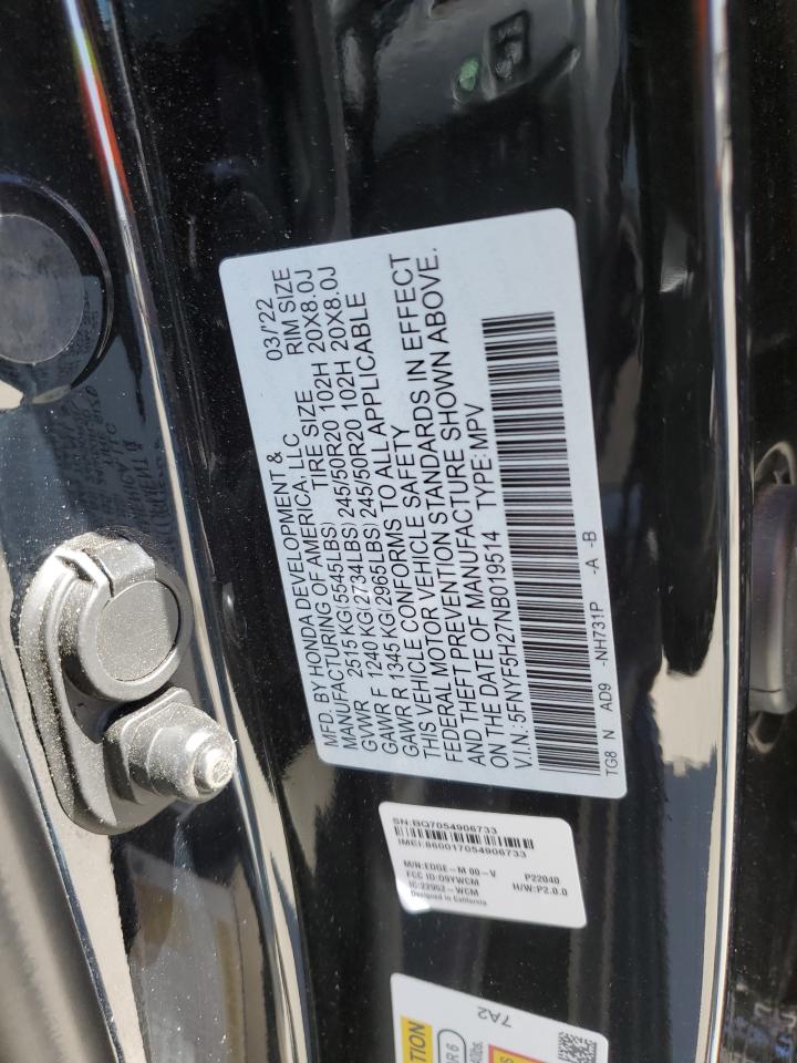 2022 HONDA PILOT SE VIN:5FNYF5H27NB019514