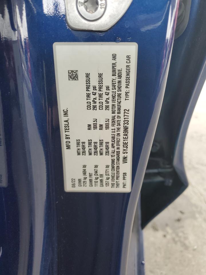 2022 TESLA MODEL 3 VIN:5YJ3E1EA9NF331772