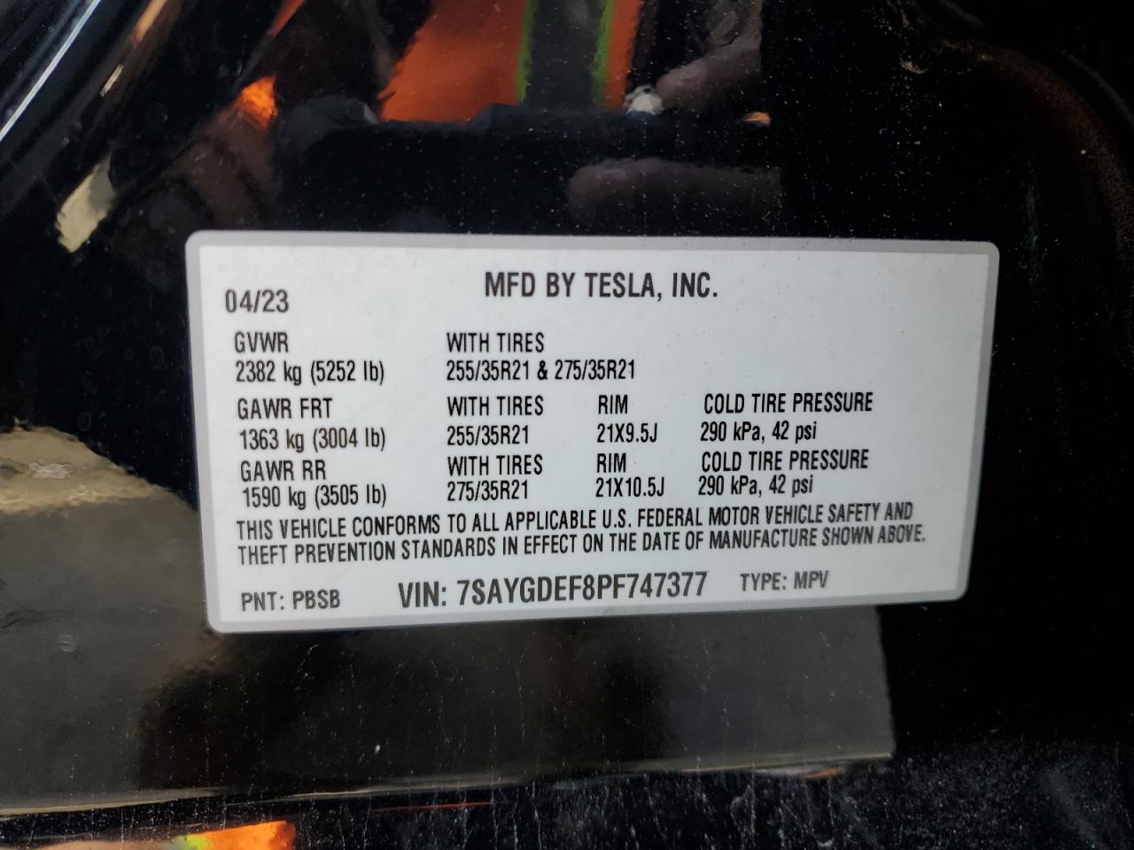 2023 TESLA MODEL Y VIN:7SAYGDEF8PF747377