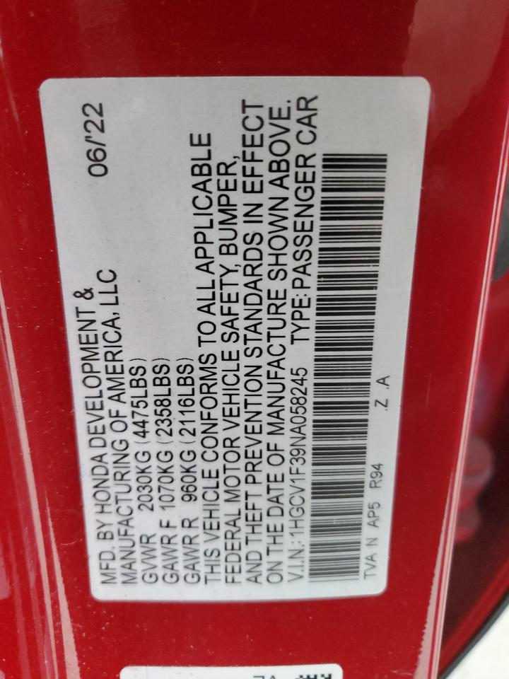 2022 HONDA ACCORD SPORT VIN:1HGCV1F39NA058245