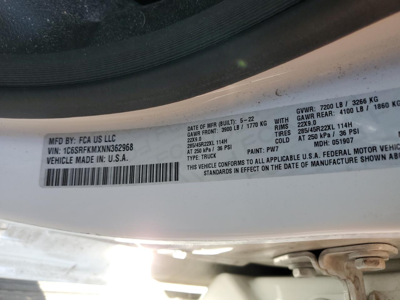 2022 RAM 1500 LONGHORN VIN:1C6SRFKMXNN362968