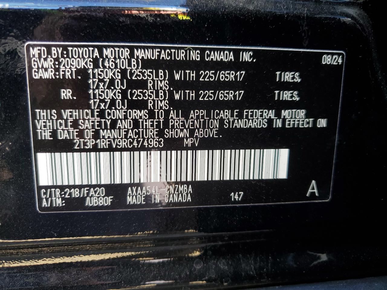 2024 TOYOTA RAV4 XLE VIN:2T3P1RFV9RC474963