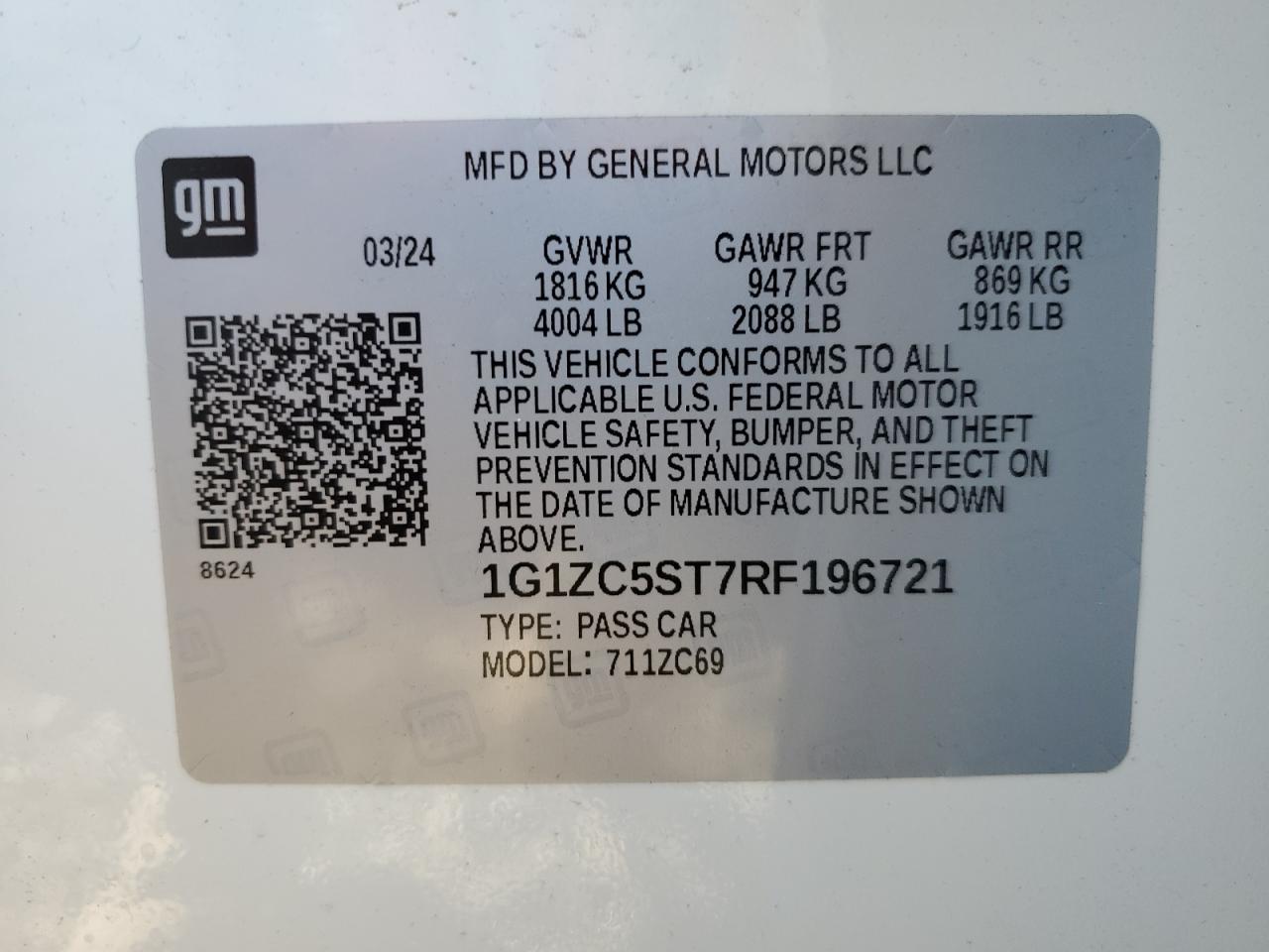 2024 CHEVROLET MALIBU LS VIN:1G1ZC5ST7RF196721