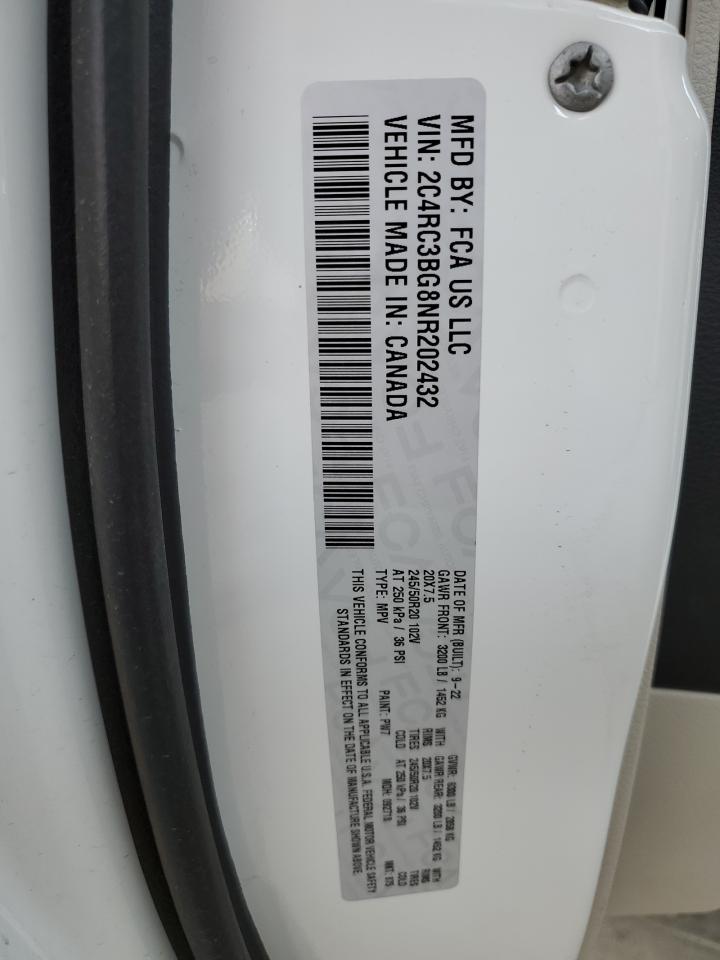 2022 CHRYSLER PACIFICA TOURING L VIN:2C4RC3BG8NR202432