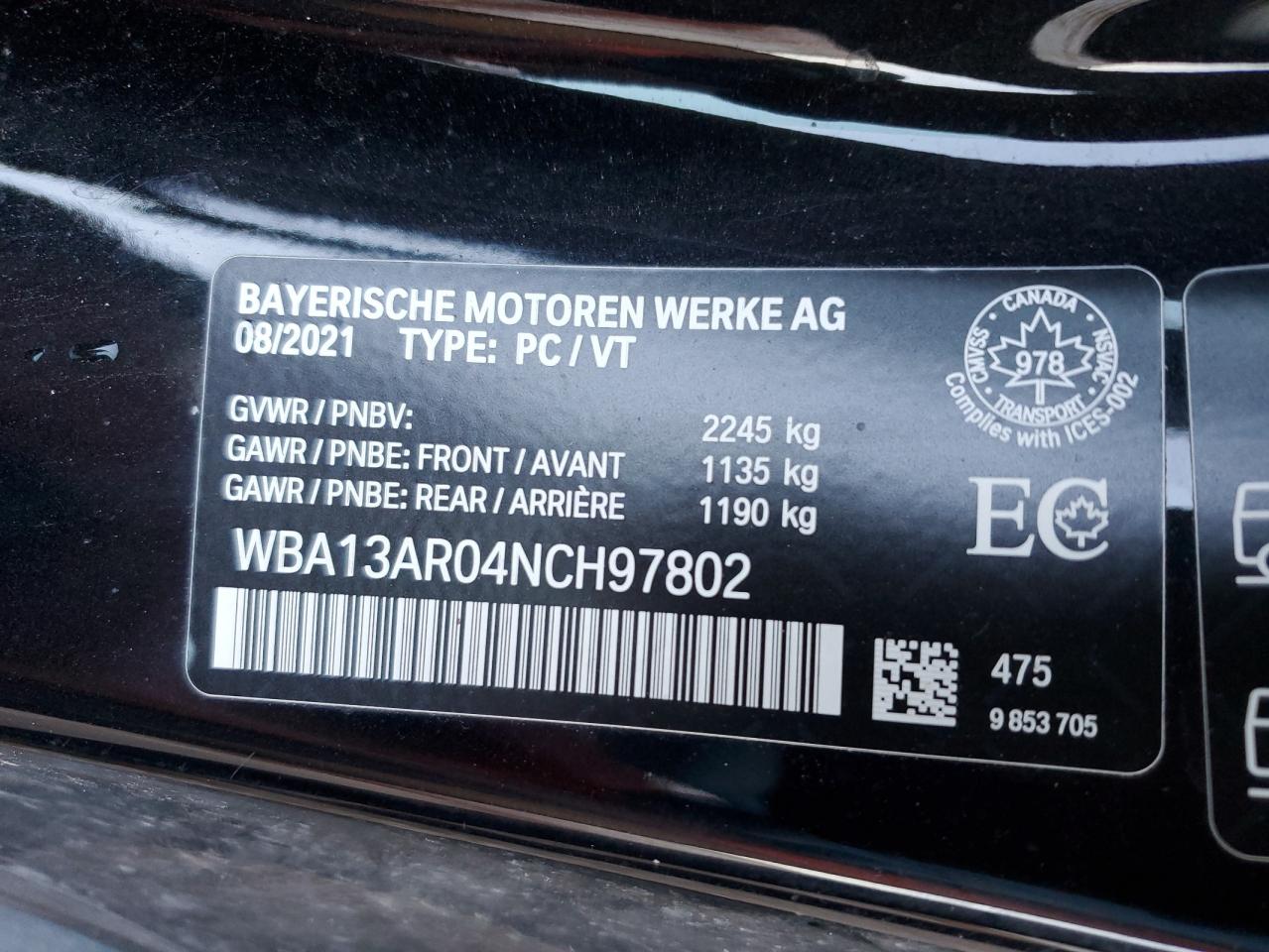 2022 BMW M440XI VIN:WBA13AR04NCH97802
