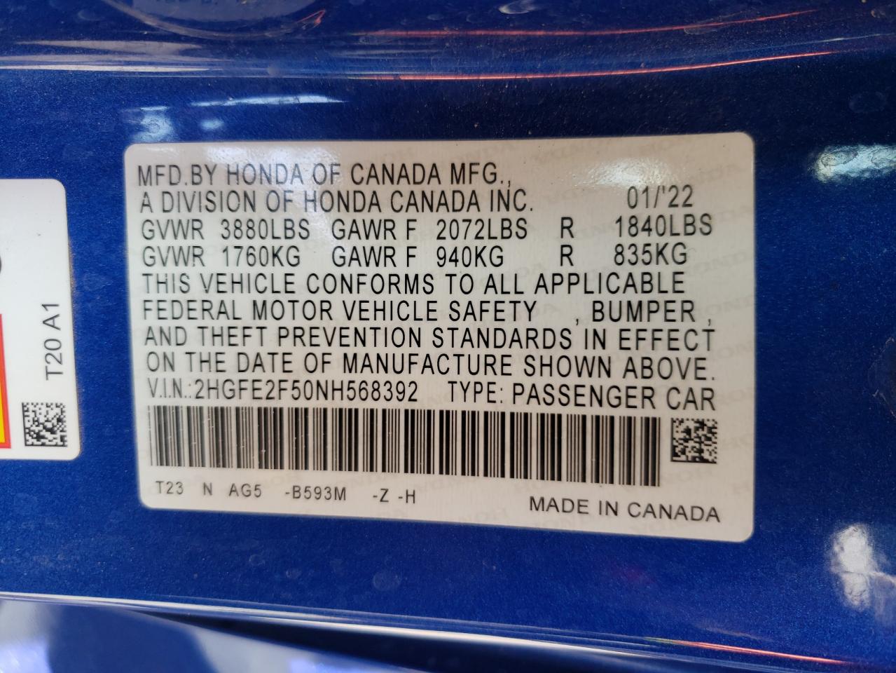 2022 HONDA CIVIC SPORT VIN:2HGFE2F50NH568392