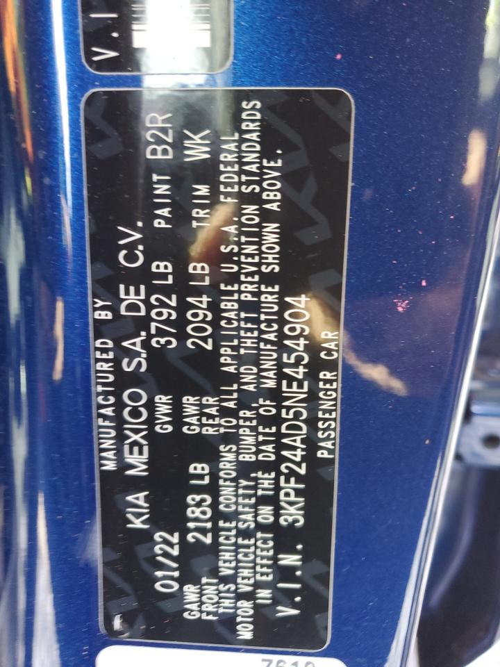 2022 KIA FORTE FE VIN:3KPF24AD5NE454904