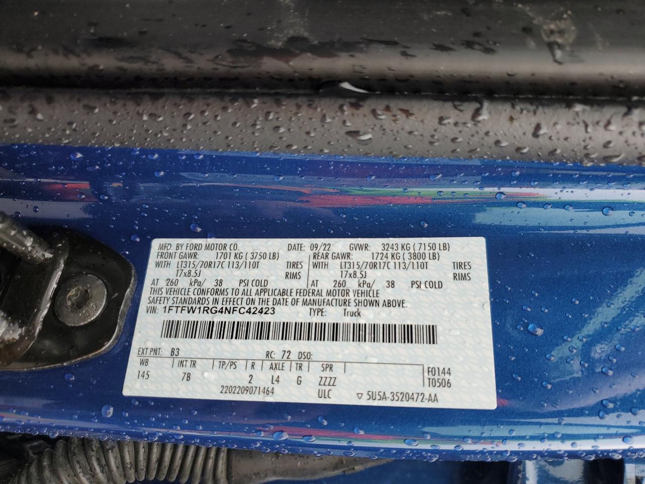 2022 FORD F150 RAPTOR VIN:1FTFW1RG4NFC42423