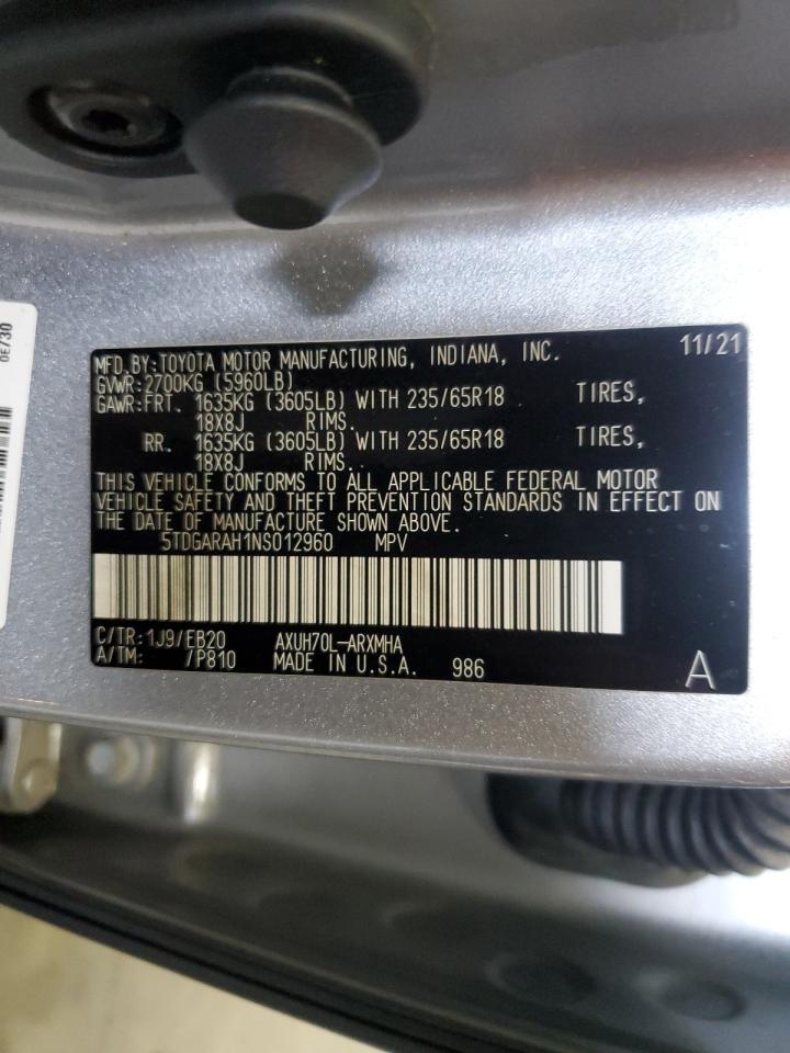 2022 TOYOTA HIGHLANDER HYBRID XLE VIN:5TDGARAH1NS012960