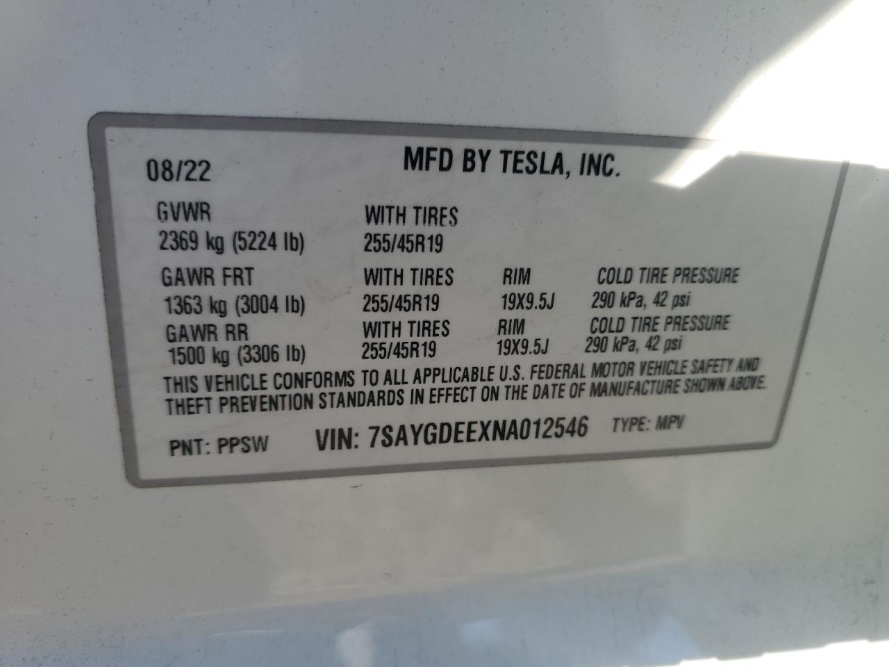 2022 TESLA MODEL Y VIN:7SAYGDEEXNA012546