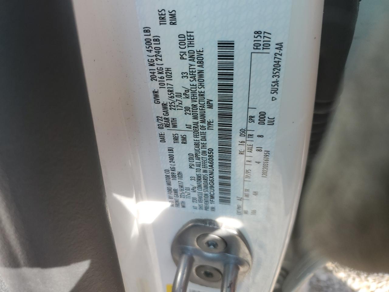 2022 FORD ESCAPE SE VIN:1FMCU9G6XNUA60850