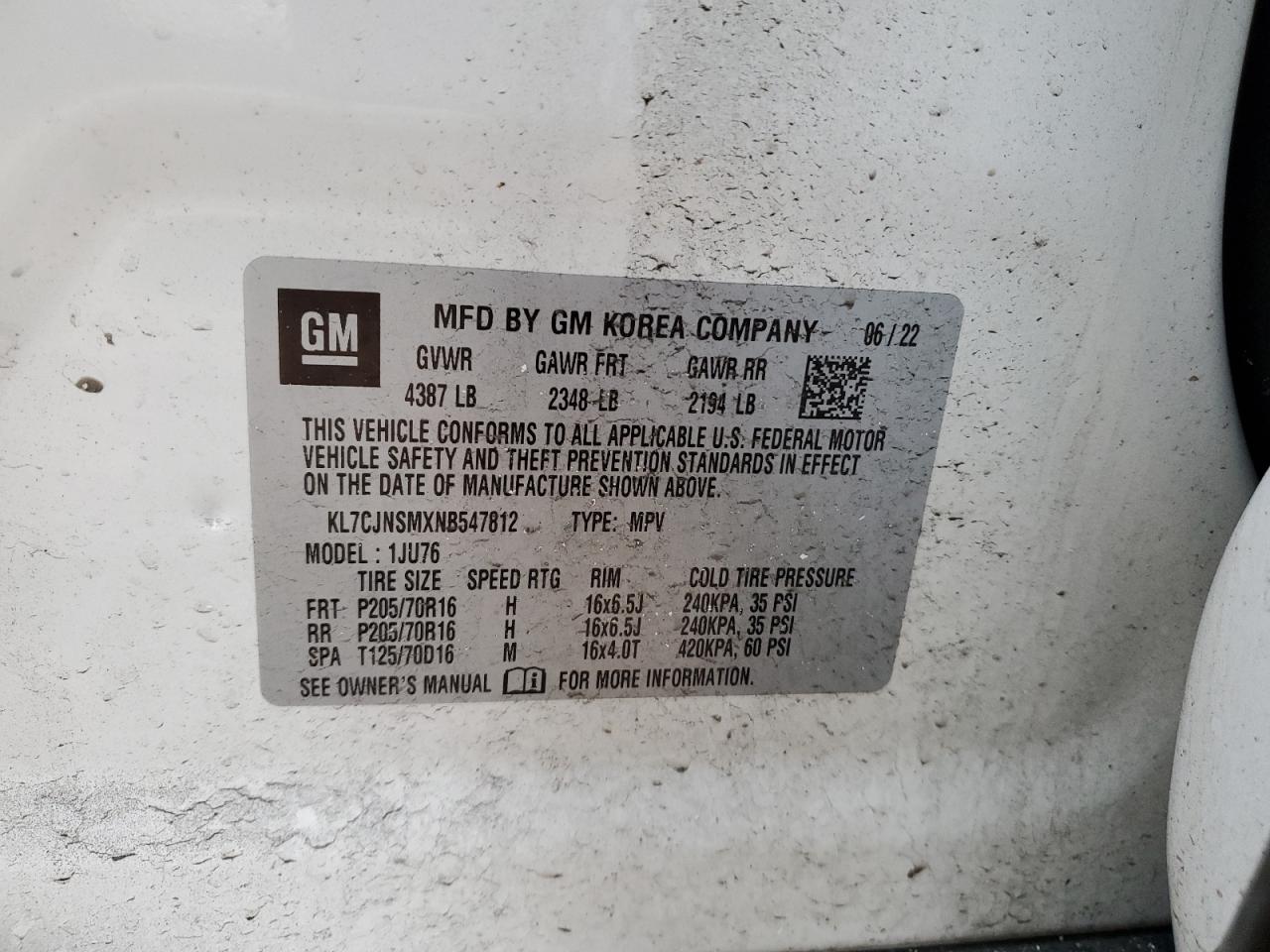 2022 CHEVROLET TRAX LS VIN:KL7CJNSMXNB547812